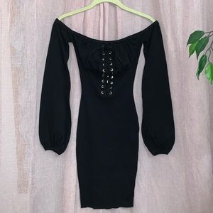 Black off the shoulder bell sleeved dress